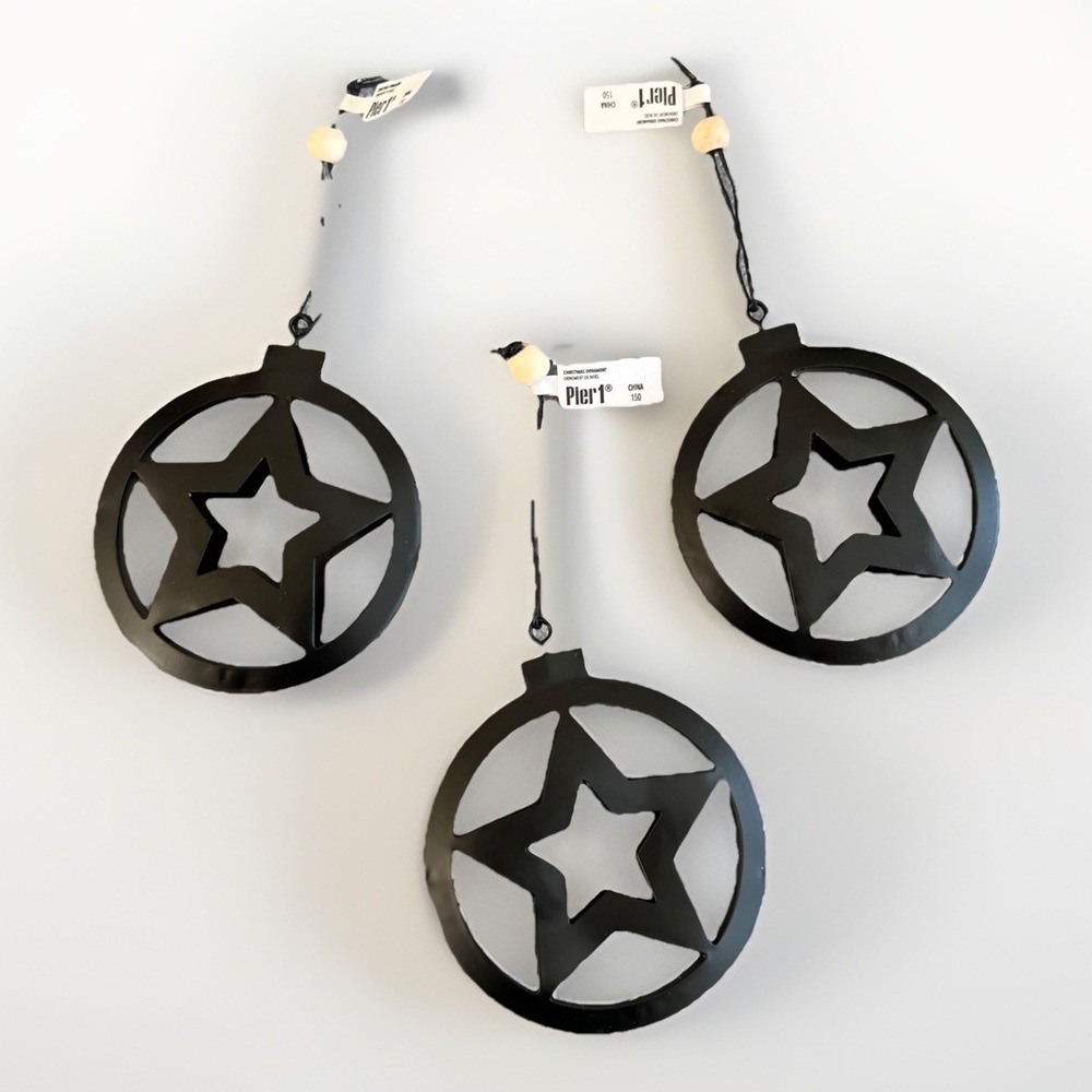 Pier 1 3D Black Metal Star Christmas Ornaments Set Of 3 Decor Lightweight New